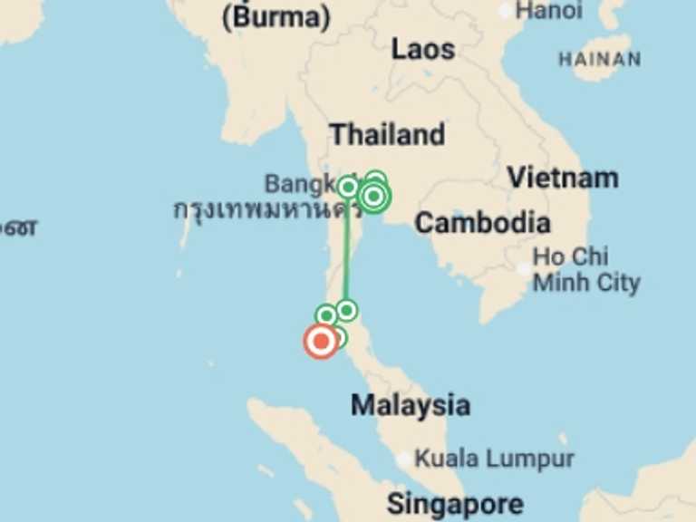 Map itinerary of Asia Tour in November 2026 with 6 destination visits for the trip: 12 Days Of Fantastic Fun In Thailand, French-speaking Guide