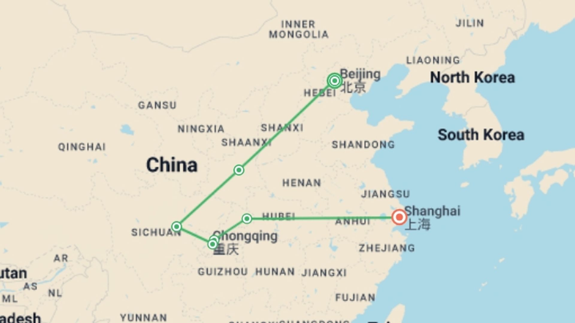 A map showing the tour itinerary for the trip: China  Discovery & Yangtze River Cruise, starting in Beijing, China and ending in Shanghai, China going through 5 other destinations.