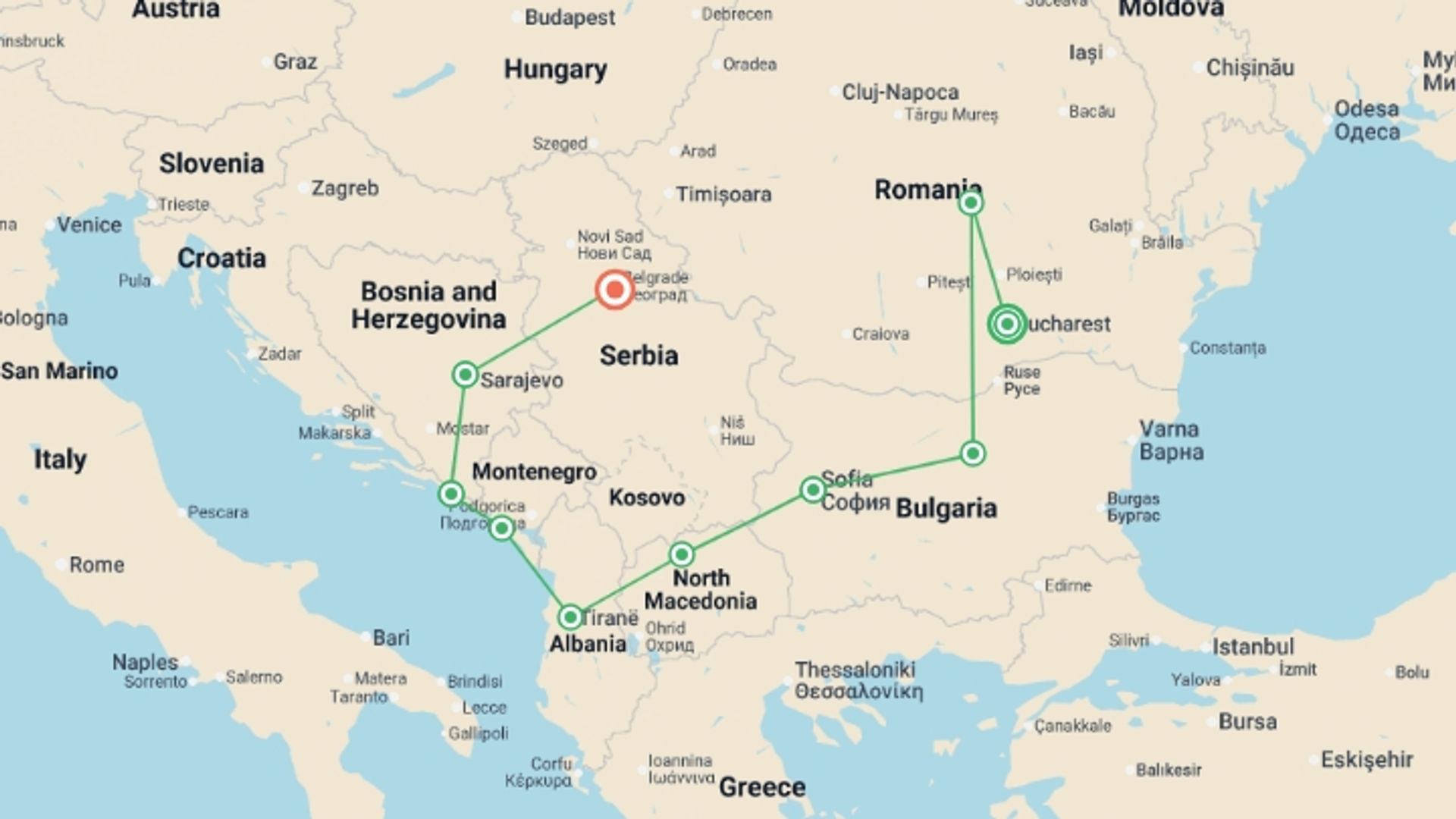 A map showing the tour itinerary for the trip: Treasures of the Balkans, starting in Bucharest, Romania and ending in Belgrade, Serbia going through 9 other destinations.