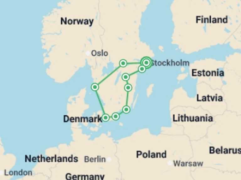 Map itinerary of Sweden Tour in Spring with 6 destination visits for the trip: Sweden Self Drive - 8 days