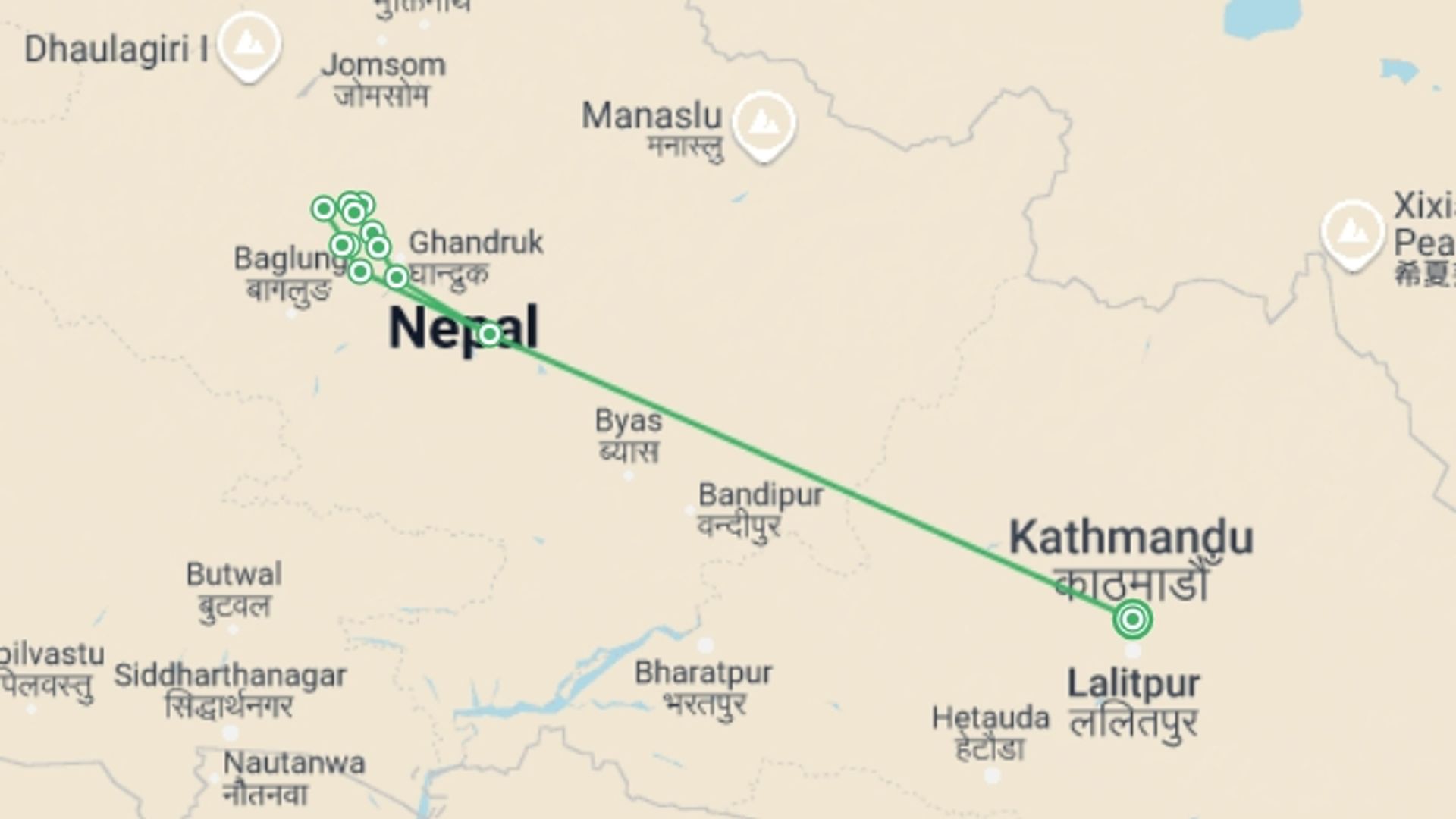 A map showing the tour itinerary for the trip: Annapurna & Dhaulagiri Trek, starting in Kathmandu, Nepal and ending in Kathmandu, Nepal going through 10 other destinations.