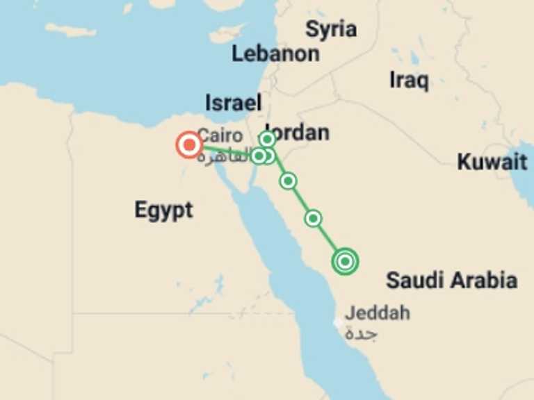 Map of a Art and architecture Tour with 7 destination visits for the trip: Contrasts of Arabia with Jordan and Cairo