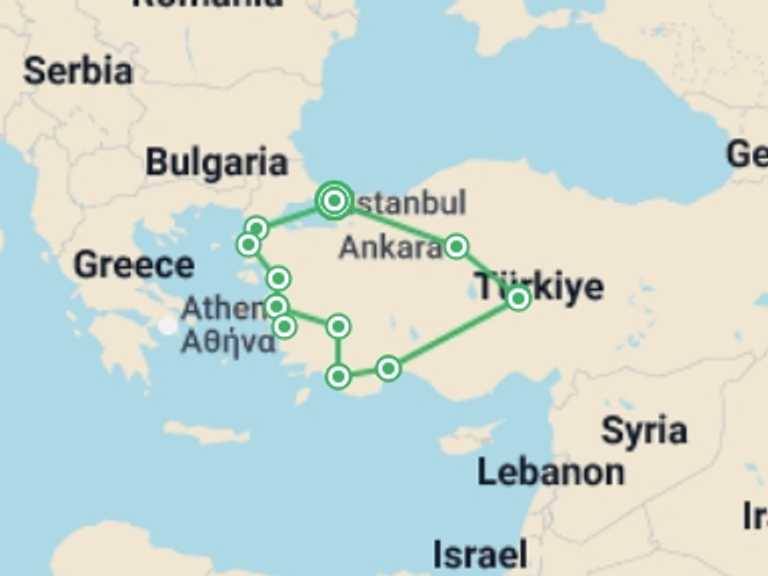 Map itinerary of Europe Tour in May 2026 with 9 destination visits for the trip: Ottoman Odyssey - 15 days 