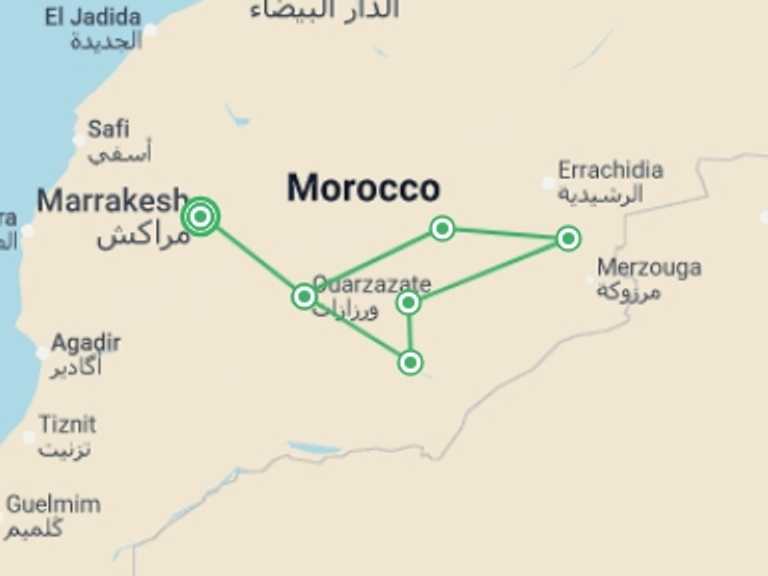 Map itinerary of Mediterranean Tour in July 2026 with 4 destination visits for the trip: South Morocco & Kasbahs - 7 days 
