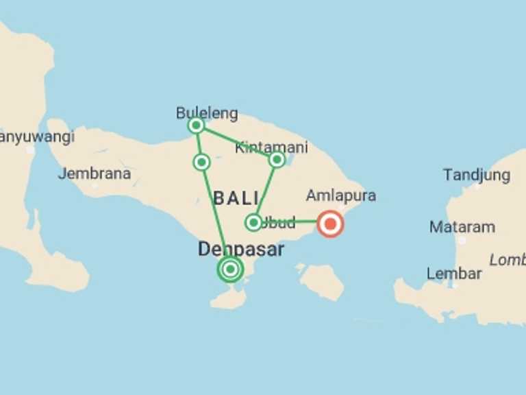 Map of Indonesia Tour with 7 destination visits for the trip: Indonesia: Bali Adventure