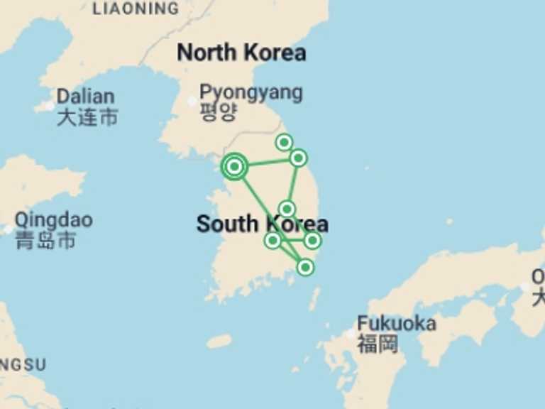 Map of South Korea Tour with 6 destination visits for the trip: Discover South Korea