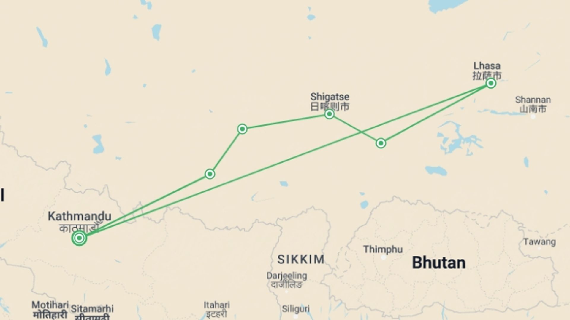 A map showing the tour itinerary for the trip: Shangri-La Tour of Tibet, starting in Kathmandu, Nepal and ending in Kathmandu, Nepal going through 5 other destinations.