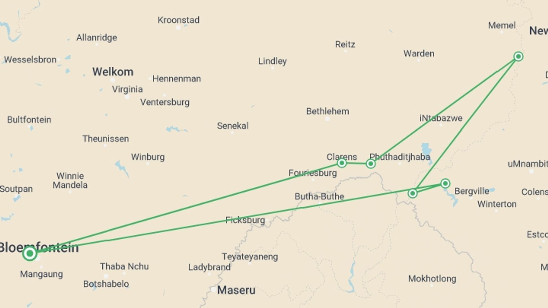 A map showing the tour itinerary for the trip: Northern Drakensberg Tour, starting in Bloemfontein, South Africa and ending in Bloemfontein, South Africa going through 5 other destinations.