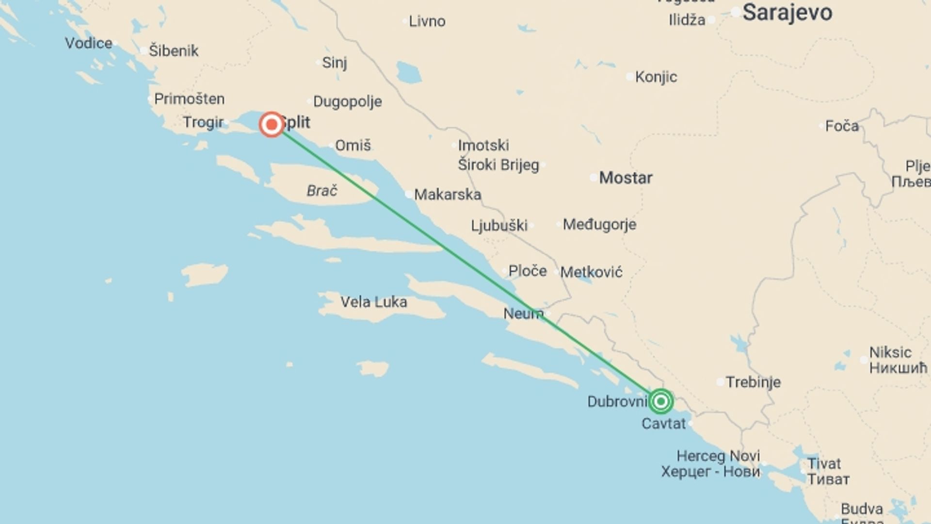 A map showing the tour itinerary for the trip: Dubrovnik And Split, Private Tour, starting in Dubrovnik, Croatia and ending in Split, Croatia going through 0 other destinations.