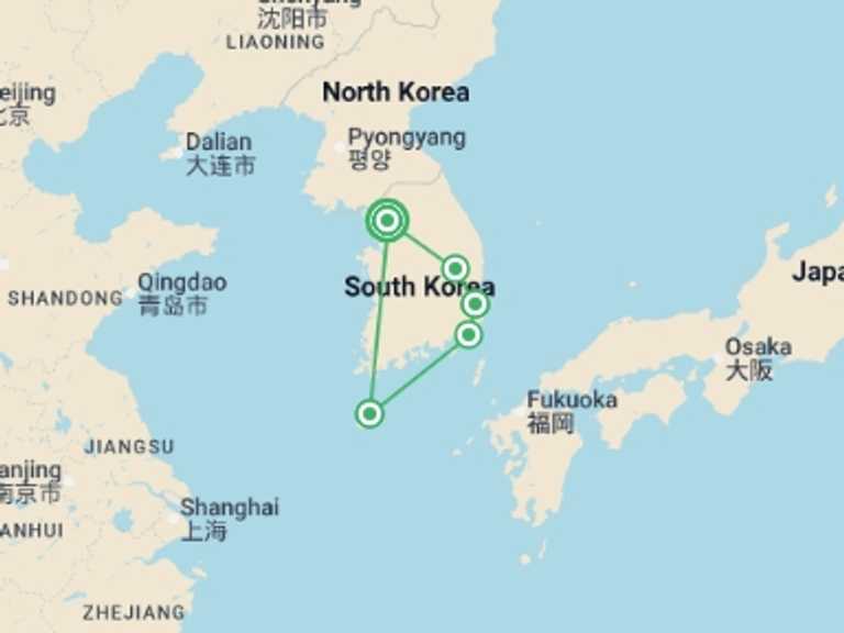 Map itinerary of Seoul Tour in December 2026 with 4 destination visits for the trip: Luxury Classic South Korea Tour