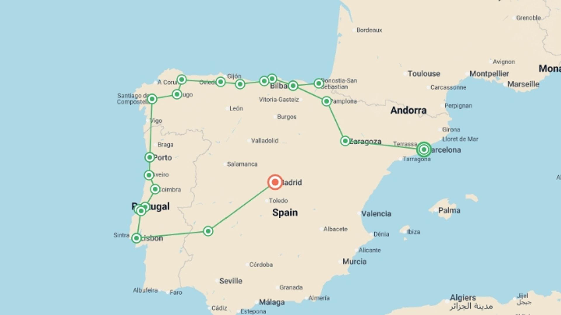 A map showing the tour itinerary for the trip: Gastronomic Spain & Portugal - 17 days, starting in Barcelona, Spain and ending in Madrid, Spain going through 7 other destinations.
