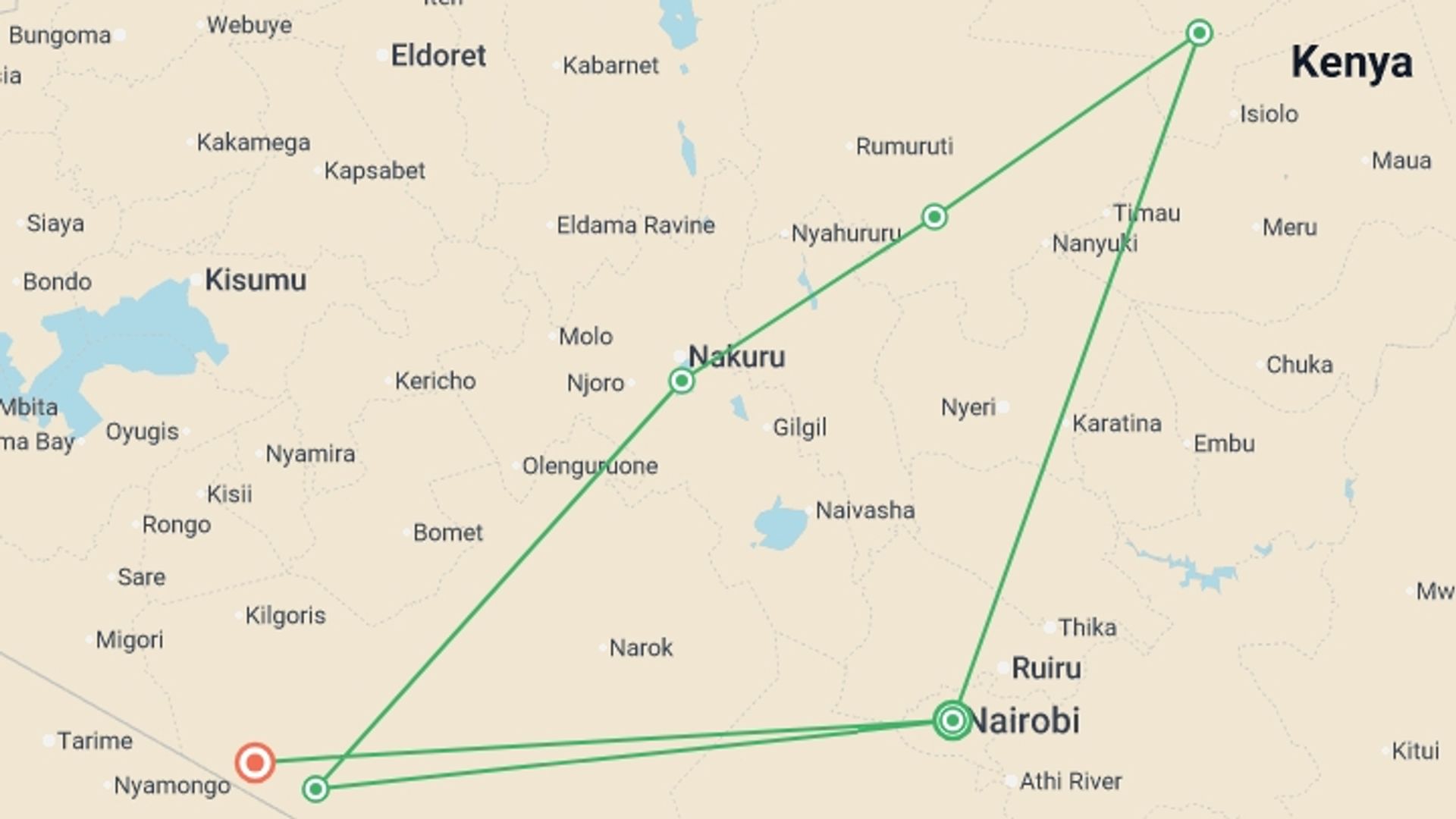 A map showing the tour itinerary for the trip: Super Kenyan Safari 8D/7N (Masai Mara, Lake Nakuru, Sweetwaters & Samburu), starting in Nairobi, Kenya and ending in Maasai Mara National Reserve, Kenya going through 4 other destinations.