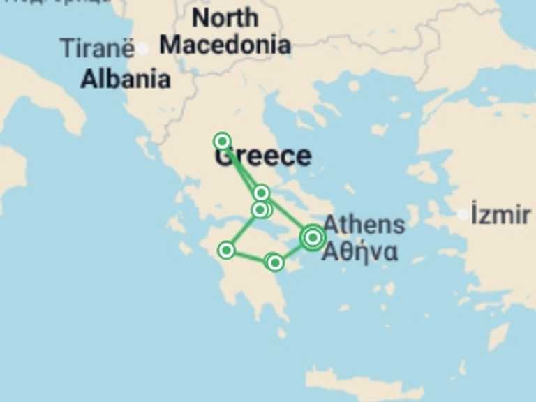 Map itinerary of Greece Tour in February 2027 with 5 destination visits for the trip: Classical Greece 