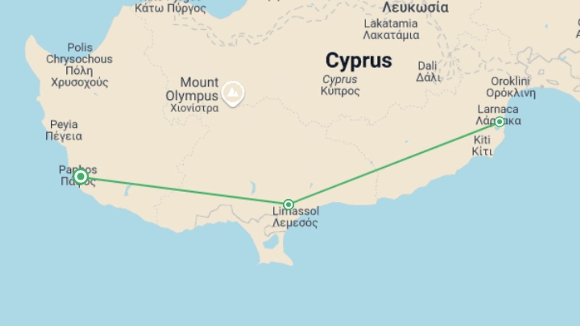 A map showing the tour itinerary for the trip: Highlights Of Cyprus, starting in Paphos, Cyprus and ending in Paphos, Cyprus going through 1 other destinations.