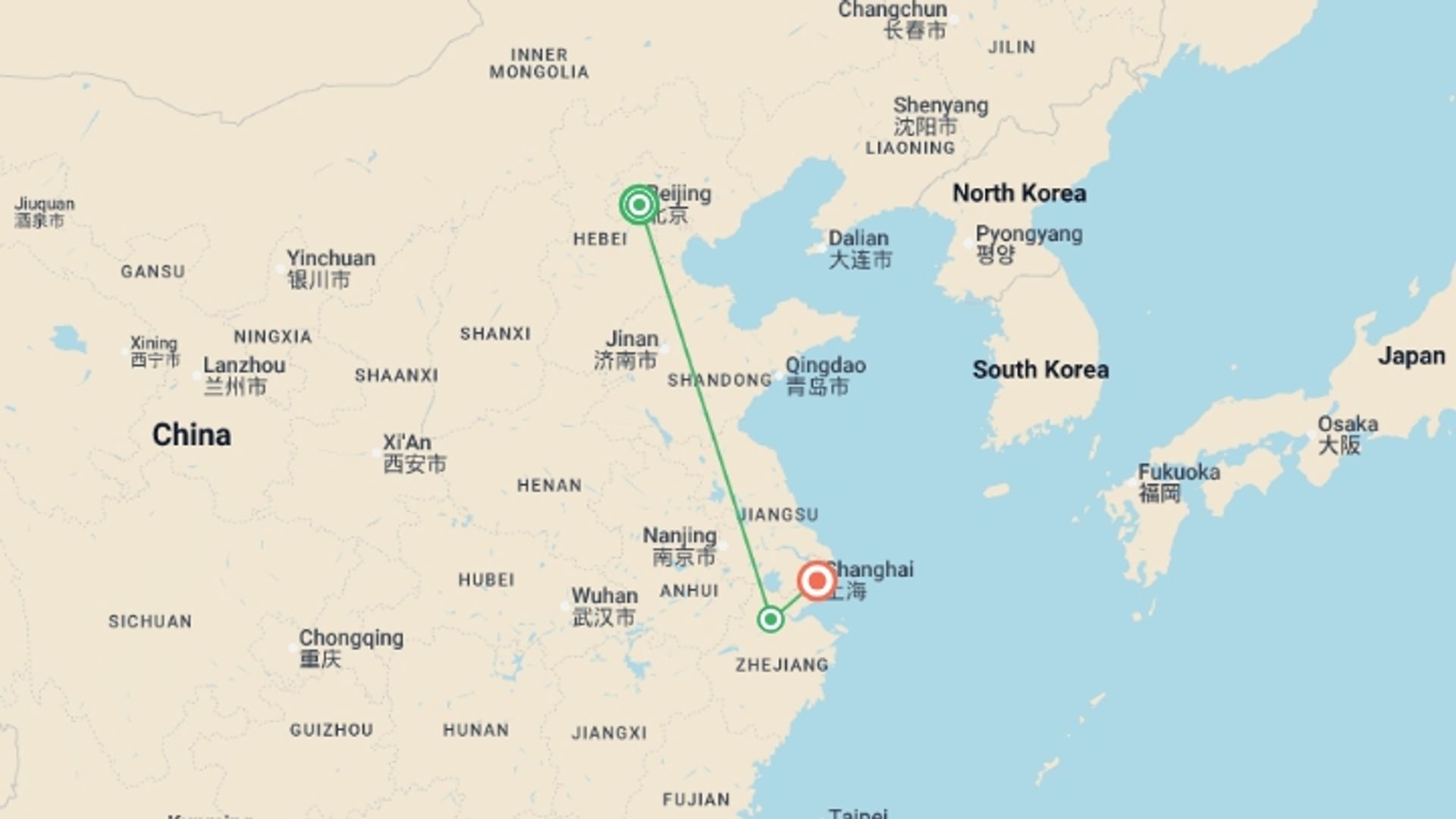 A map showing the tour itinerary for the trip: Beijing to Shanghai Group Adventure 12D/11N, starting in Beijing, China and ending in Shanghai, China going through 1 other destinations.