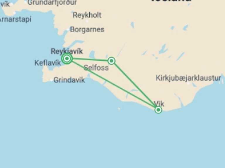 Map itinerary of Reykjavik Tour in June 2027 with 3 destination visits for the trip: Six Days in Iceland