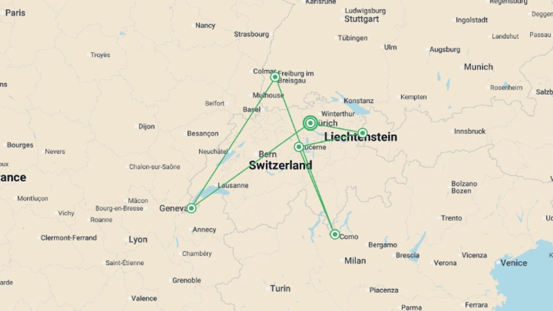 A map showing the tour itinerary for the trip: Switzerland´s Best, starting in Zurich, Switzerland and ending in Zurich, Switzerland going through 5 other destinations.