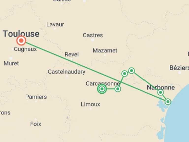Map of Europe Tour with 2 destination visits for the trip: Cycling in France - Canals and Castles of the Midi