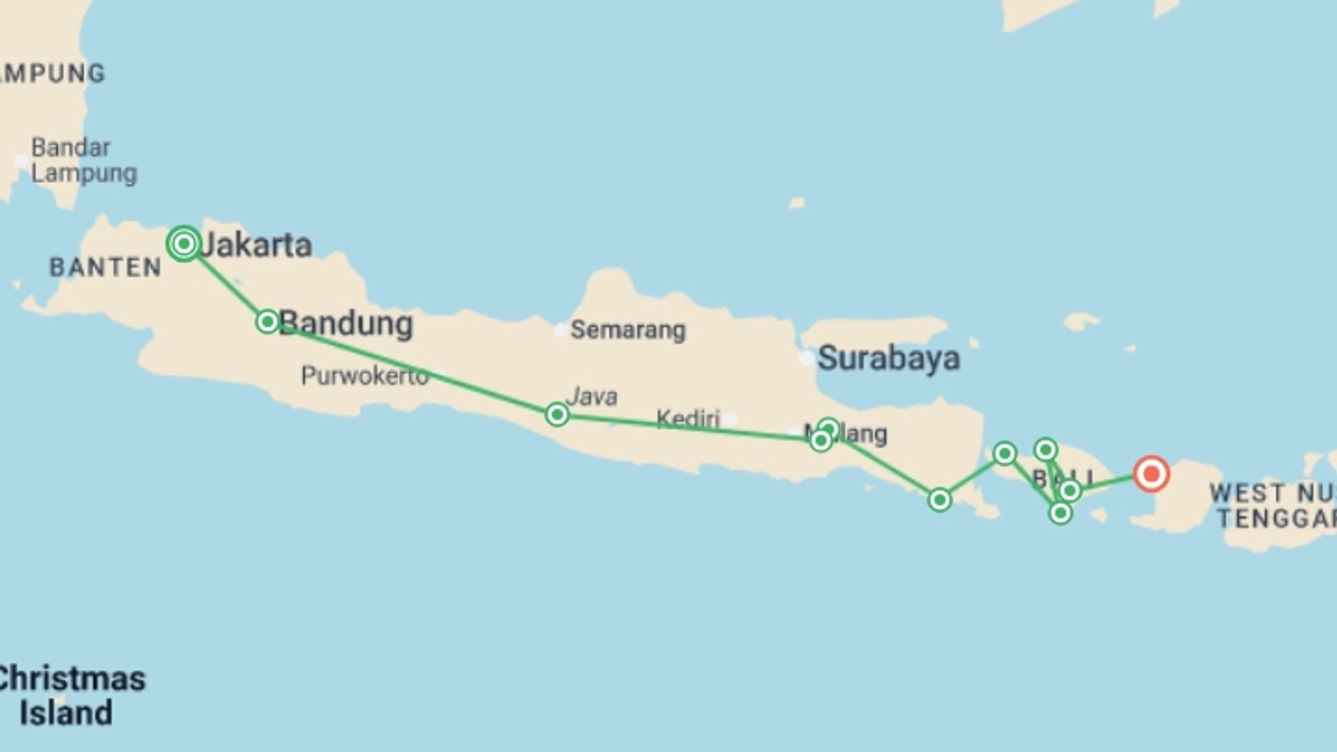 A map showing the tour itinerary for the trip: Indonesia Adventure: Java & Bali, starting in Jakarta, Indonesia and ending in Gili Trawangan, Indonesia going through 9 other destinations.