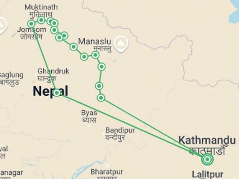 Map of Pokhara Trekking and Hiking Tour with 14 destination visits for the trip: Annapurna Circuit Trek - 15 Days