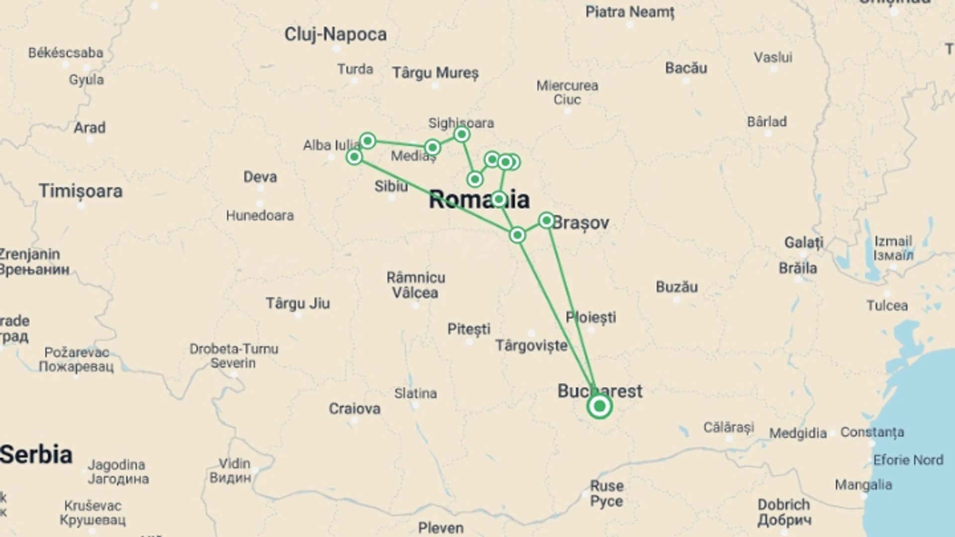 A map showing the tour itinerary for the trip: Romania Cycle Explorer, starting in Bucharest, Romania and ending in Bucharest, Romania going through 8 other destinations.