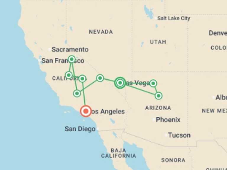 Map itinerary of Los Angeles Tour in December 2025 with 5 destination visits for the trip: West Park from Las Vegas