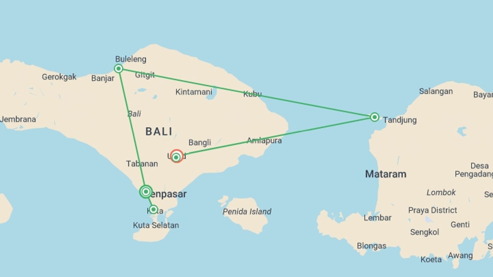 A map showing the tour itinerary for the trip: Bali Intro 12 day, starting in Canggu, Indonesia and ending in Ubud, Indonesia going through 6 other destinations.