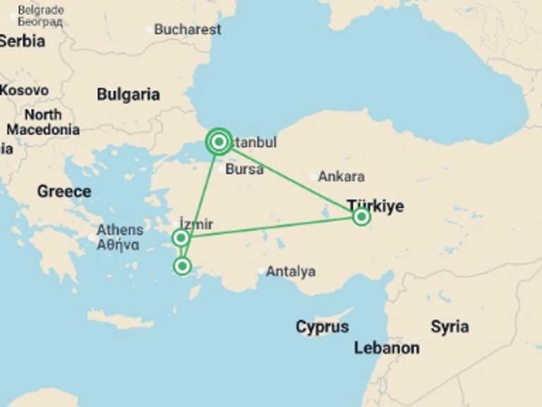 Map of Europe Tour with 4 destination visits for the trip: Turkey: Iconic Istanbul, Aegean Coast to Cappadocia