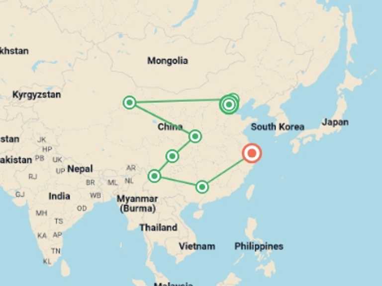Map of Asia Tour with 8 destination visits for the trip: Signature: China from the Great Wall to Shangri-La
