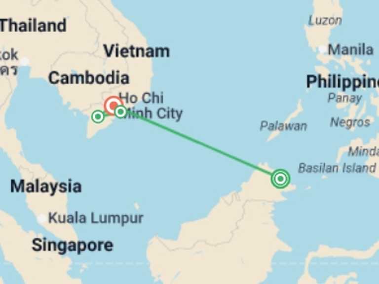 Map of Asia Tour with 3 destination visits for the trip: Malaysia & Vietnam Battlefield Tour