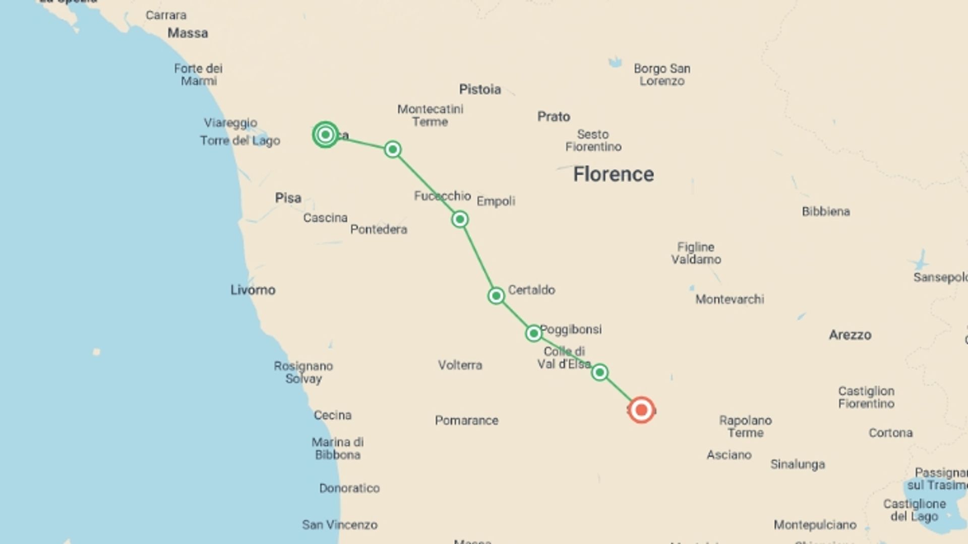A map showing the tour itinerary for the trip: Via Francigena: Walk from Lucca to Siena, starting in Lucca, Italy and ending in Siena, Italy going through 6 other destinations.