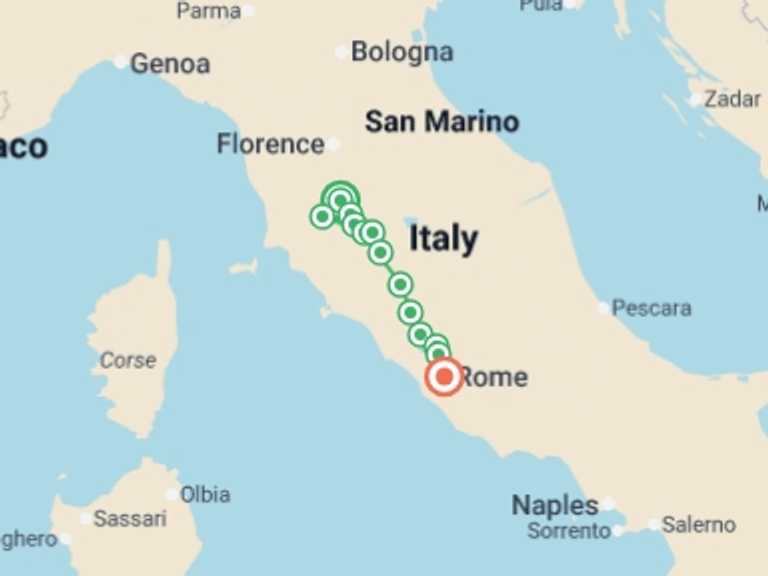 Map itinerary of Europe Tour in Fall with 8 destination visits for the trip: Cycle the Via Francigena - Siena to Rome