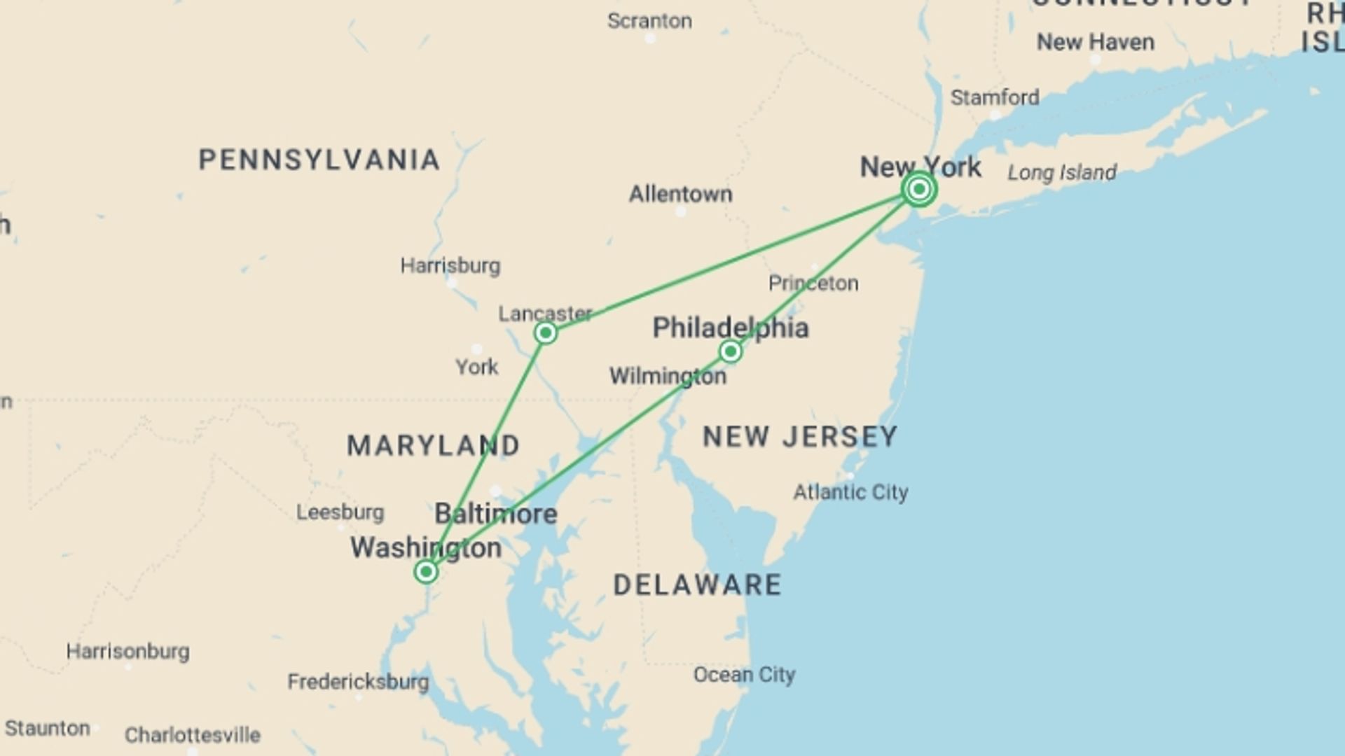 A map showing the tour itinerary for the trip: Special Washington end NY, starting in New York, USA and ending in New York, USA going through 1 other destinations.