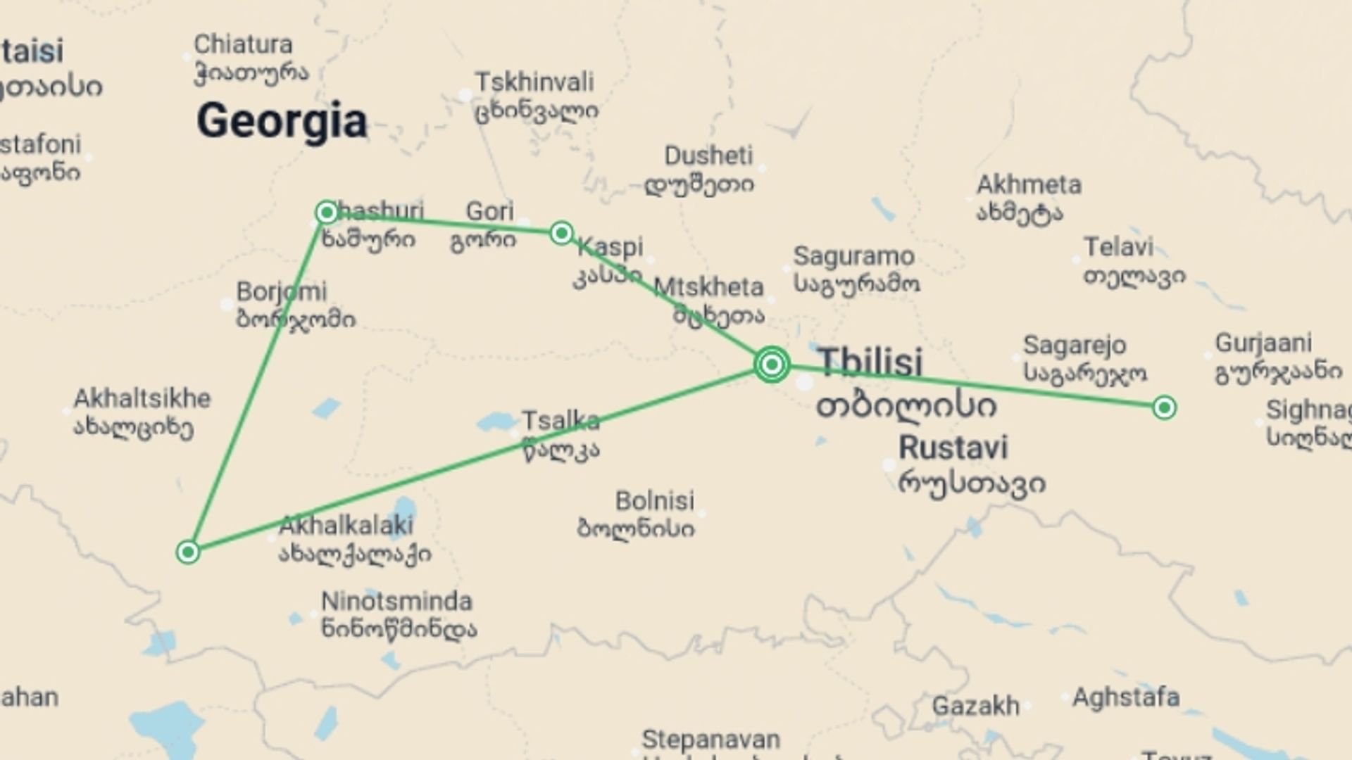 A map showing the tour itinerary for the trip: Cycling in Georgia, starting in Tbilisi, Georgia and ending in Tbilisi, Georgia going through 4 other destinations.
