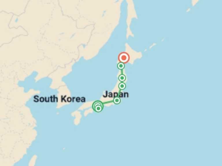 Map itinerary of Japan Tour in July 2026 with 8 destination visits for the trip: Traditional Japan and north of Japan- End Sapporo