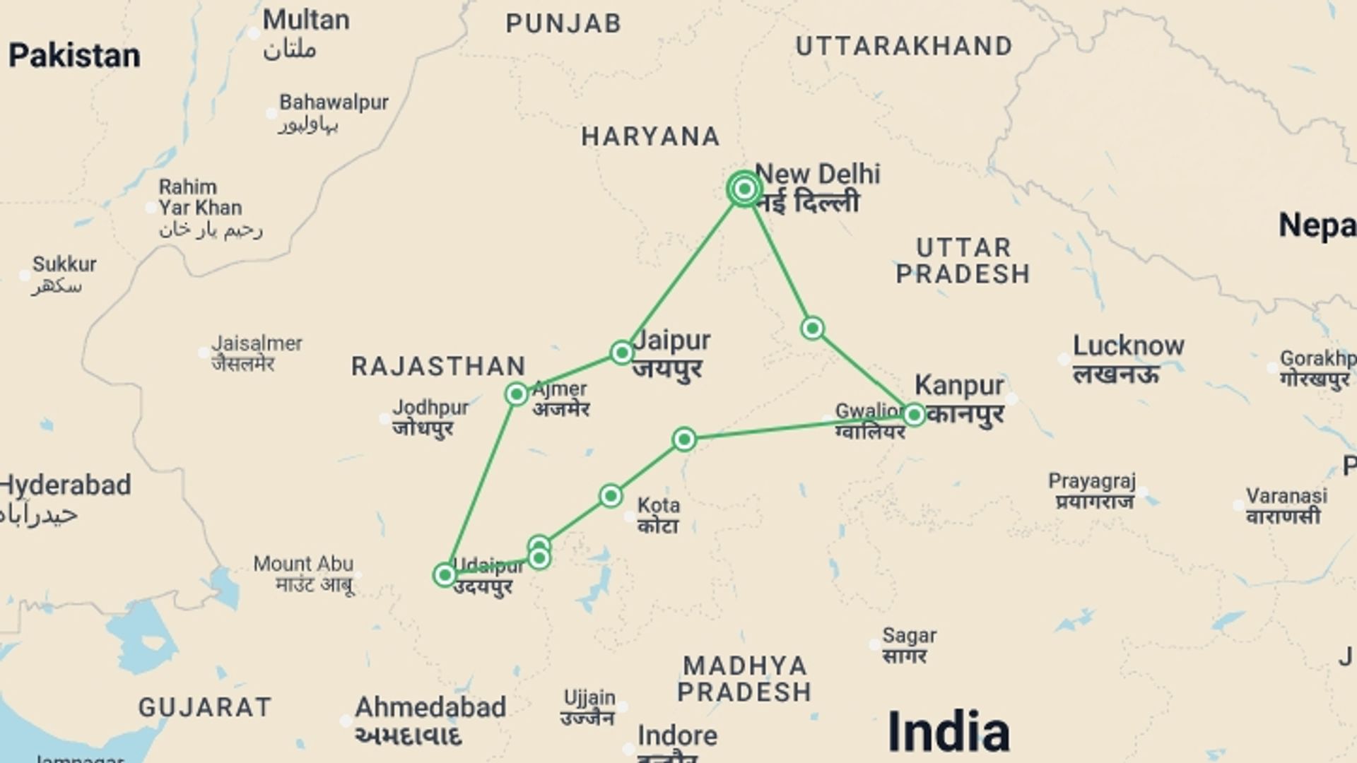 A map showing the tour itinerary for the trip: Cycle Rajasthan, starting in New Delhi, India and ending in New Delhi, India going through 9 other destinations.