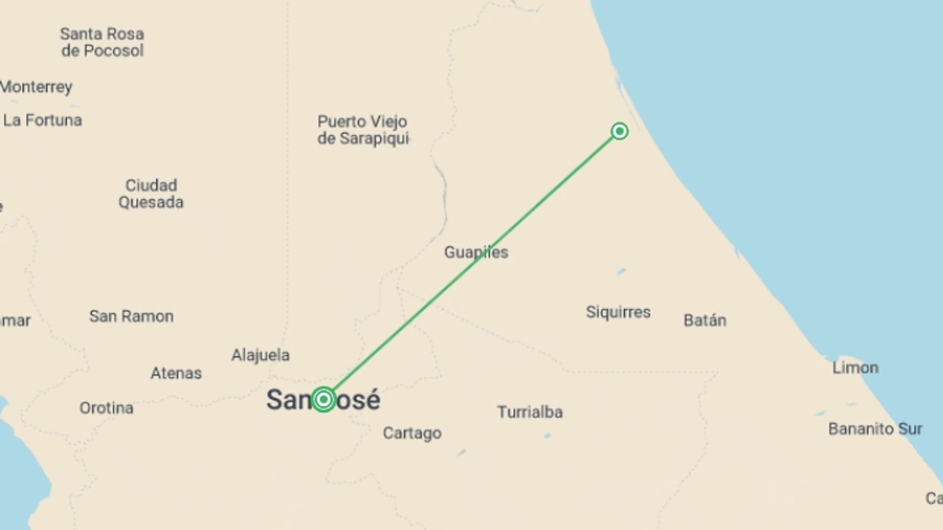 A map showing the tour itinerary for the trip: Tortuguero National Park Adventure, starting in San Jose, Costa Rica and ending in San Jose, Costa Rica going through 1 other destinations.