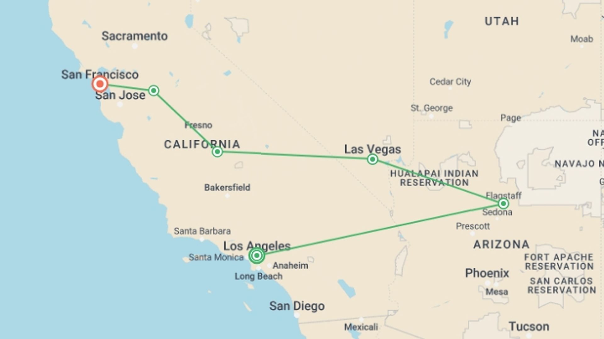 A map showing the tour itinerary for the trip: Best of the West, starting in Los Angeles, USA and ending in San Francisco, USA going through 4 other destinations.