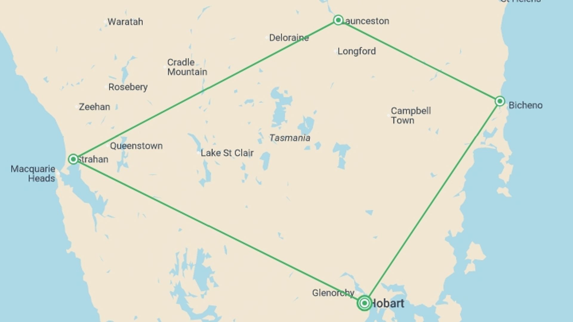 A map showing the tour itinerary for the trip: Tasmania Wilderness & Coast Discovery - 5 days, starting in Hobart, Australia and ending in Hobart, Australia going through 3 other destinations.