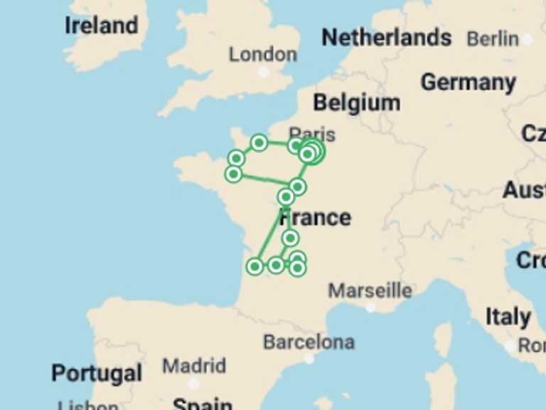 Map of 11-Day Paris Tour with 7 destination visits for the trip: Treasures of France