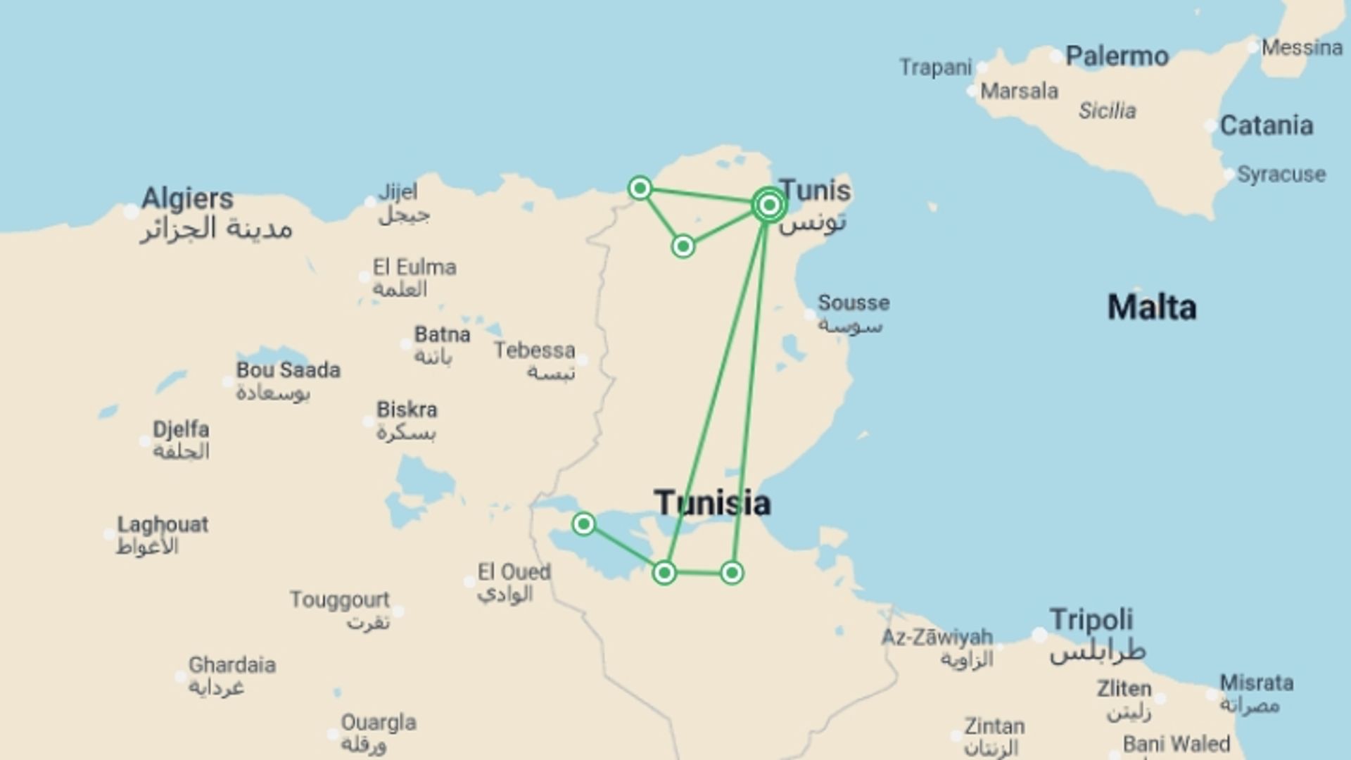 A map showing the tour itinerary for the trip: Tunisia Encompassed, starting in Cape Town, South Africa and ending in Cape Town, South Africa going through 6 other destinations.