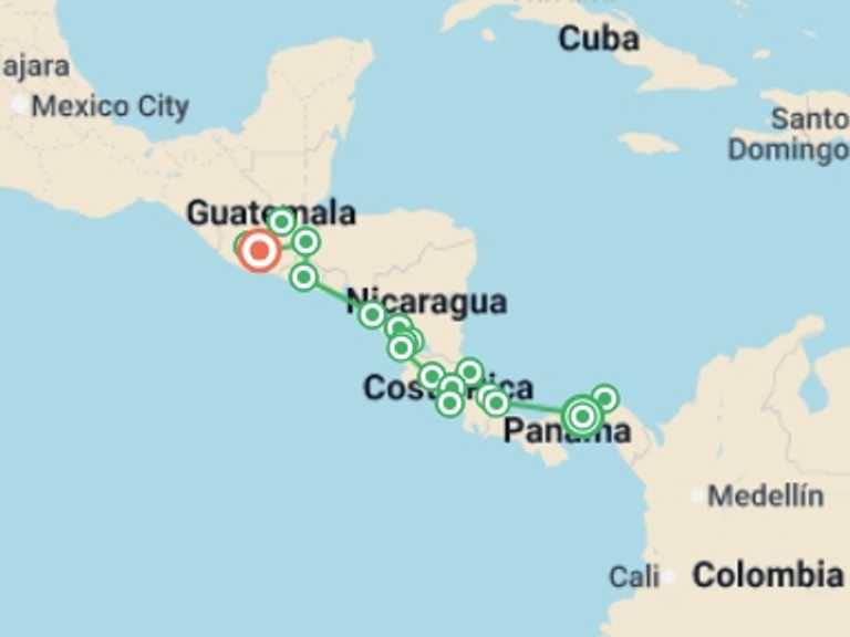 Map itinerary of Panajachel Tour in December 2025 with 19 destination visits for the trip: Panama City to Antigua Travel Pass