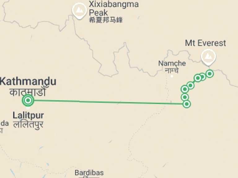 Map of 14-Day Everest Base Camp trek Tour with 10 destination visits for the trip: Island Peak Climb
