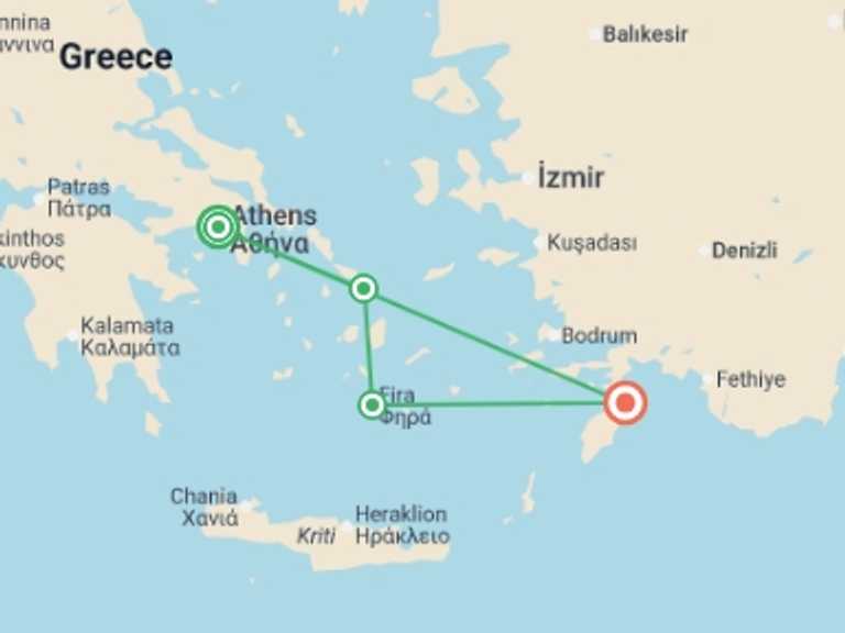 Map of Santorini City sightseeing Tour with 4 destination visits for the trip: Wonders of Athens Mykonos Santorini and Rhodes
