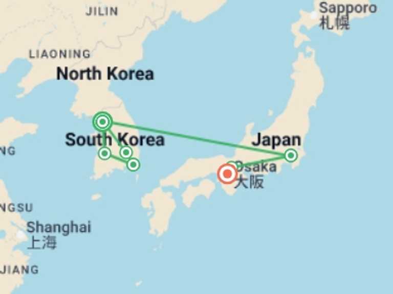 Map of Asia Tour with 7 destination visits for the trip: Complete Korea with Tokyo, Kyoto, and Osaka