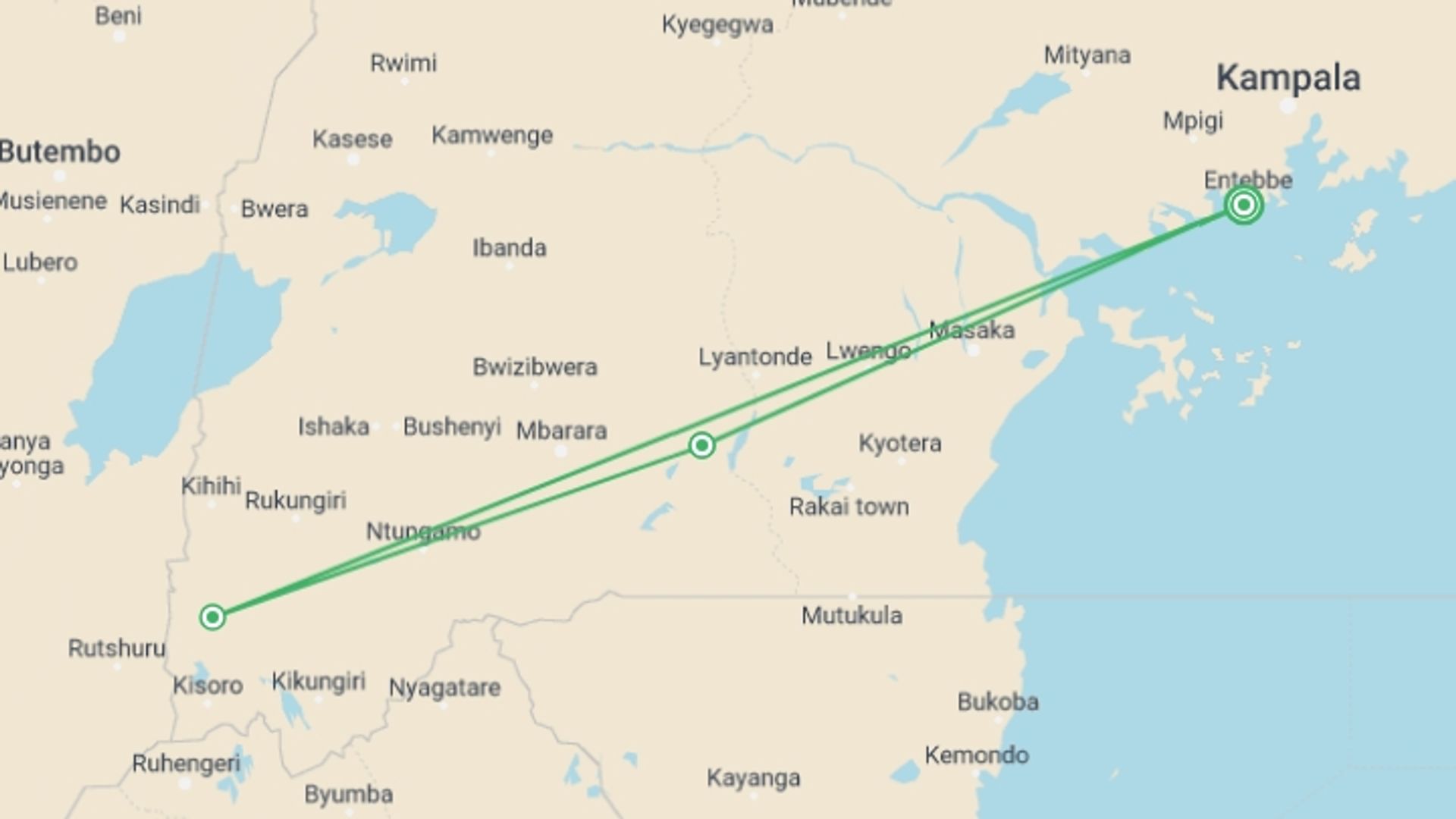 A map showing the tour itinerary for the trip: Five Day Gorilla Trekking & Wildlife Safari in Uganda, starting in Entebbe, Uganda and ending in Entebbe, Uganda going through 2 other destinations.