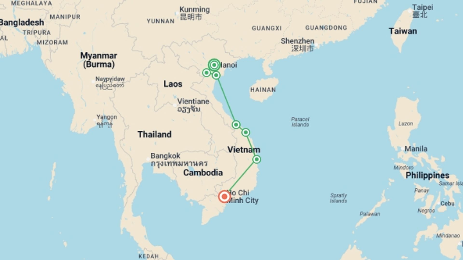 A map showing the tour itinerary for the trip: Hidden Gems of Vietnam: From Mountain Valleys to Coastal Secrets, starting in Hanoi, Vietnam and ending in Ho Chi Minh City, Vietnam going through 5 other destinations.