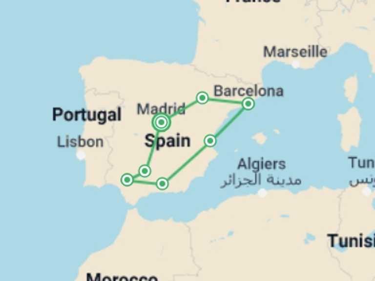 Map itinerary of Spain Tour in February 2026 with 5 destination visits for the trip: Absolutely Spain