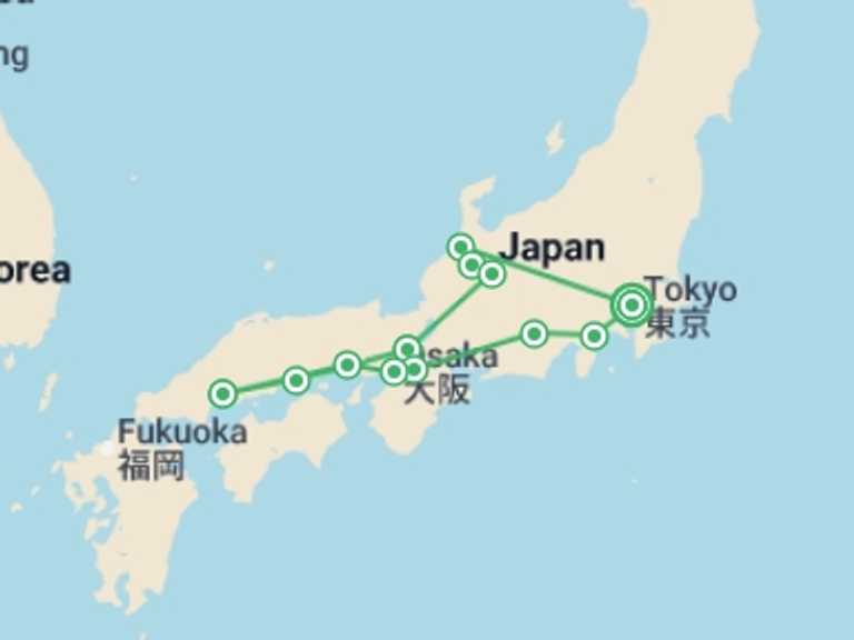 Map of Japan Tour with 8 destination visits for the trip: Highlights of Japan