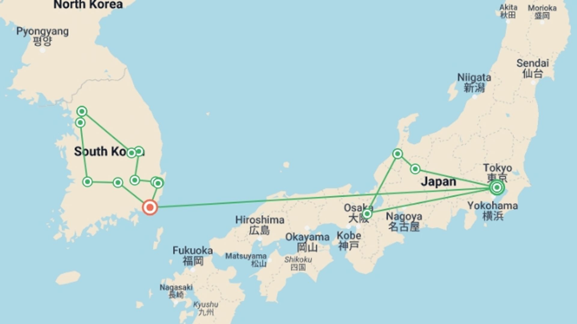 A map showing the tour itinerary for the trip: Eternal Japan and Korea, starting in Tokyo, Japan and ending in Busan, South Korea going through 6 other destinations.